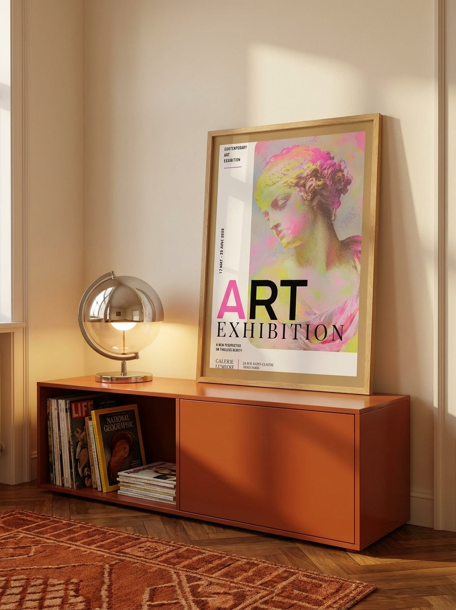 Modern wall art print standing on a sideboard in a retro 70s home office