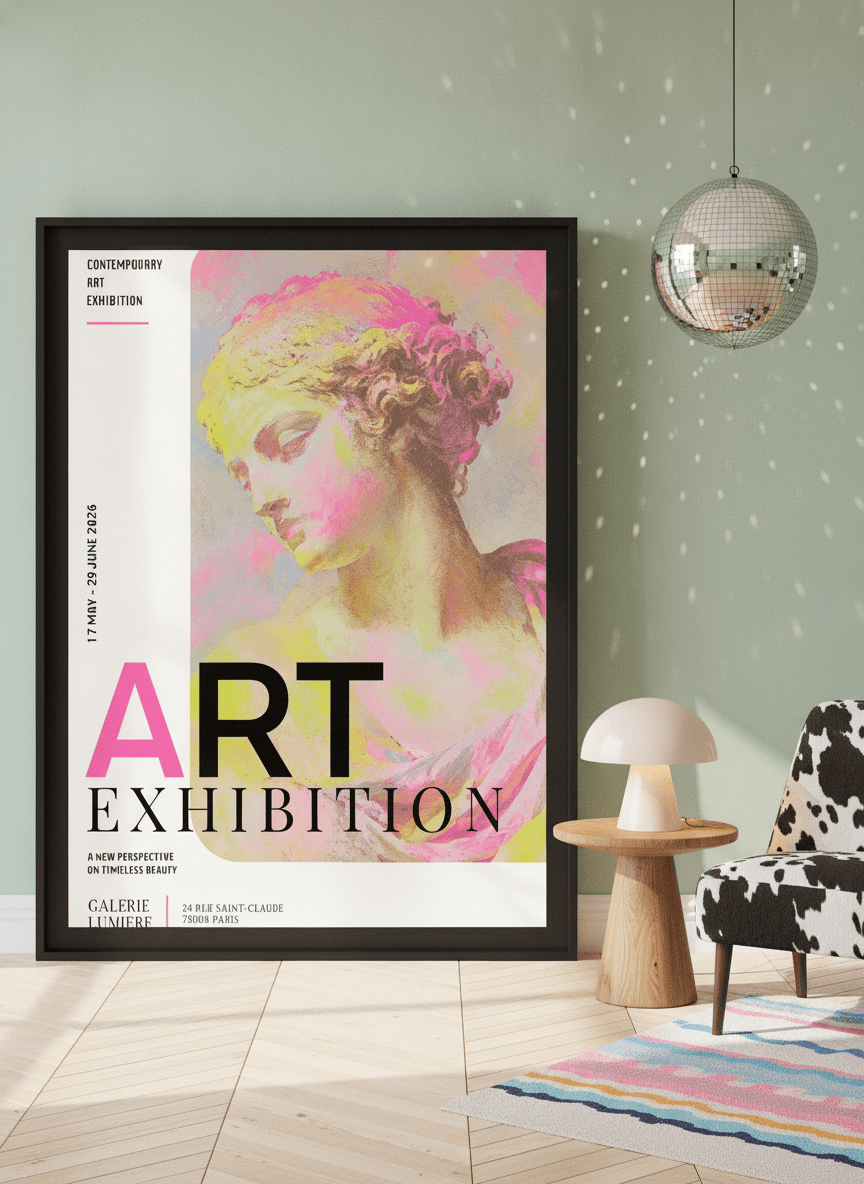 Oversized statement modern wall art print leaning against the wall in a colourful eclectic bedroom