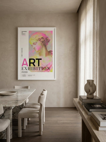 Modern wall art print styled on the wall in a luxe dining room