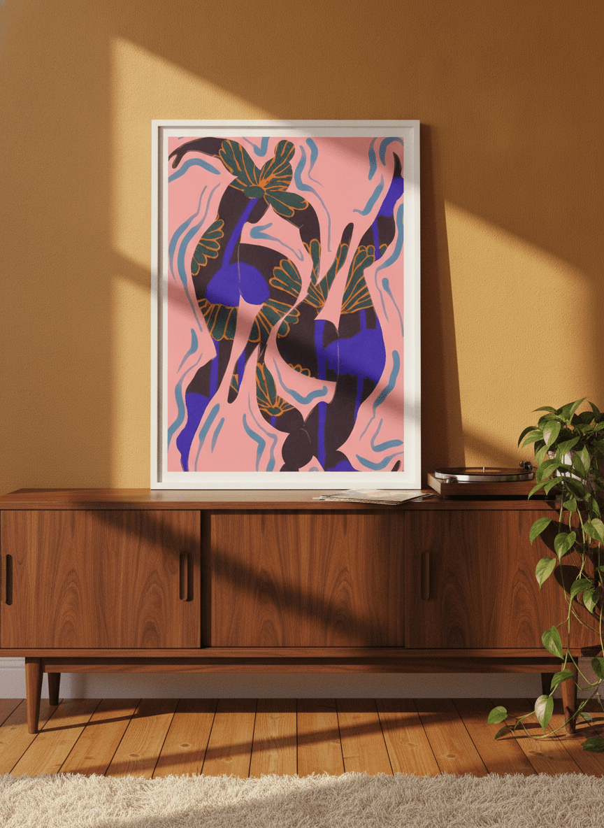 Modern wall art print standing on a sideboard in a retro 70s living room