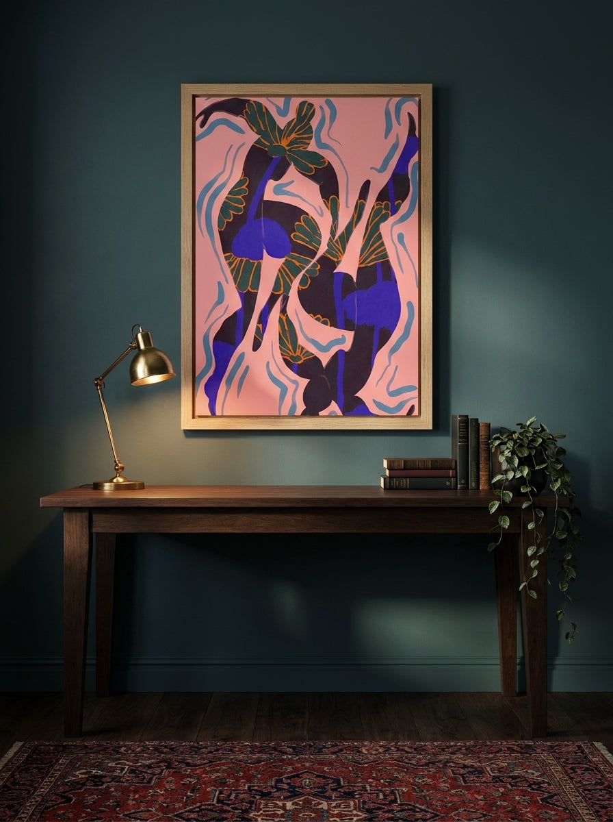 Modern wall art print styled on the wall in a moody home office