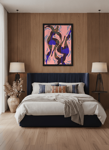 Oversized statement modern wall art print styled on the wall in a luxe bedroom