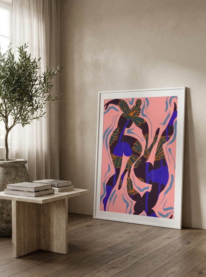 Modern wall art print leaning against the wall in a luxe bedroom