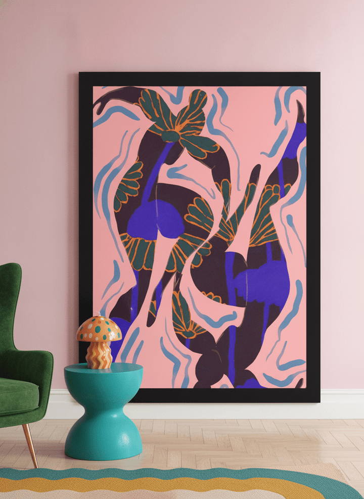 Oversized statement modern wall art print leaning against the wall in a colourful eclectic living room