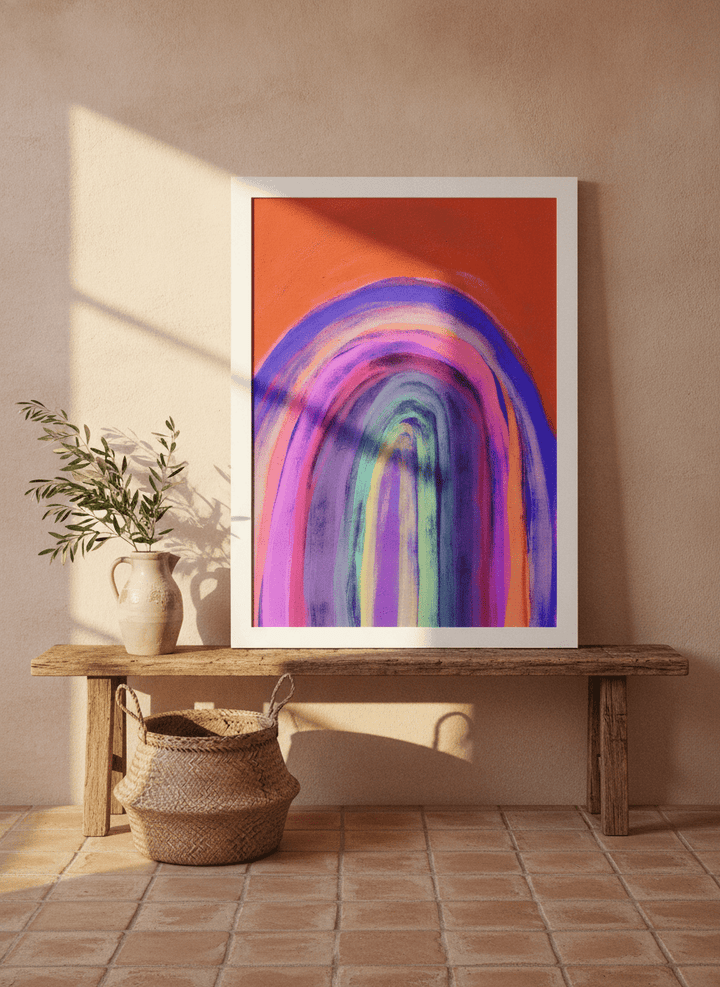 Modern wall art print standing on a bench in a Mediterranean living room