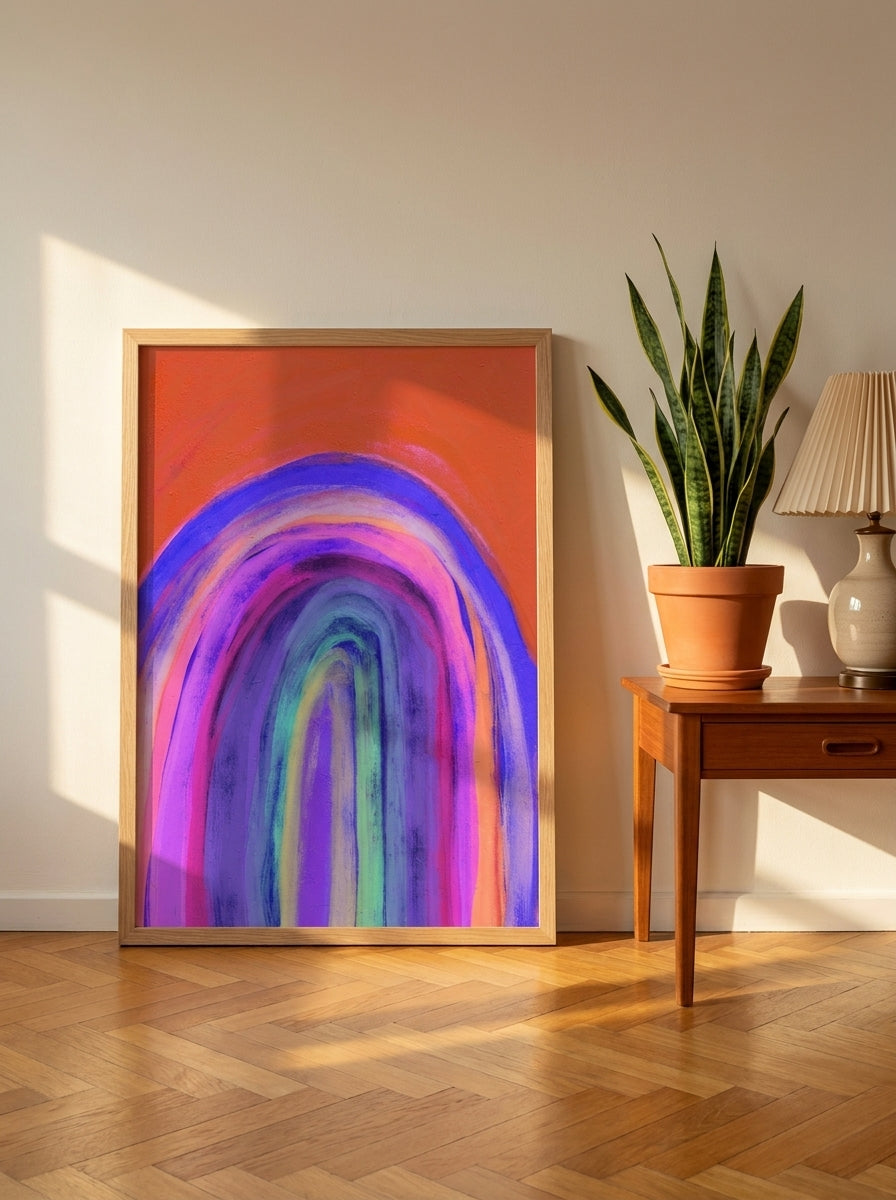 Modern wall art print leaning against the wall in a mid-century home office