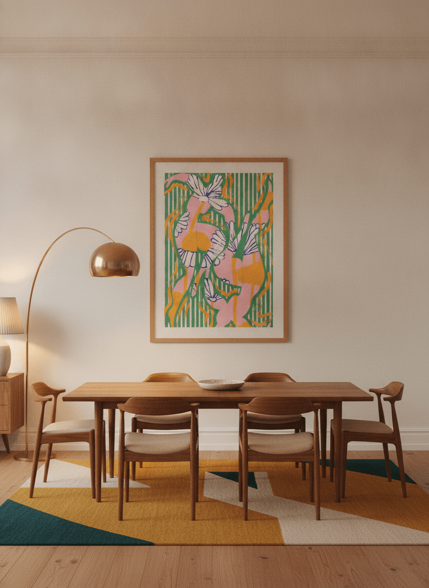 Oversized statement modern wall art print styled on the wall in a mid-century dining room