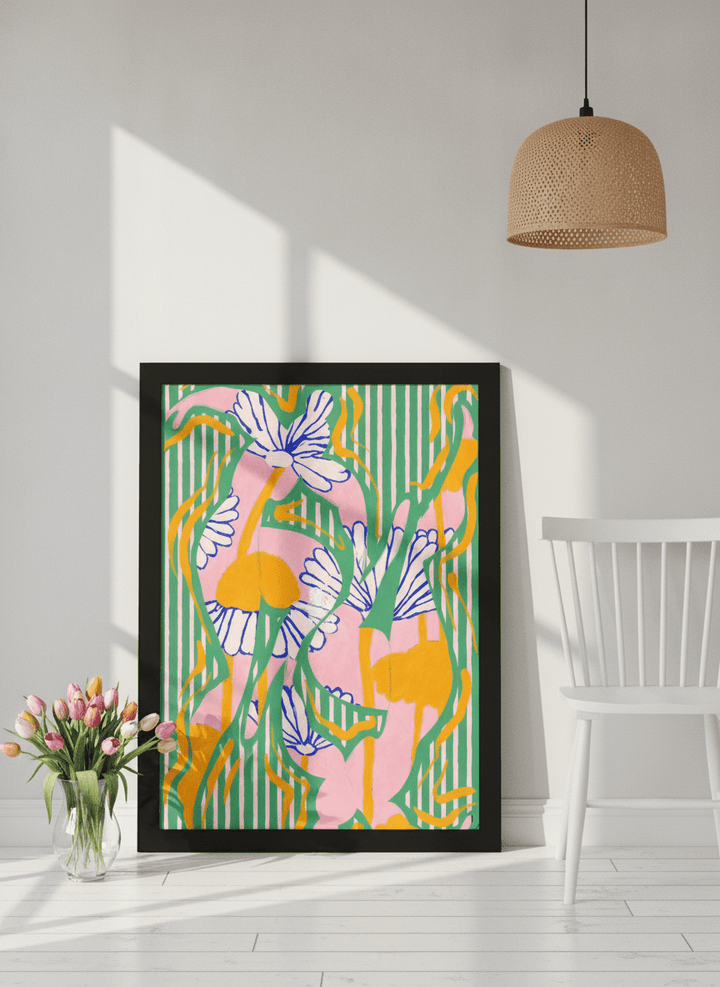 Modern wall art print leaning against the wall in a bright Scandinavian home office
