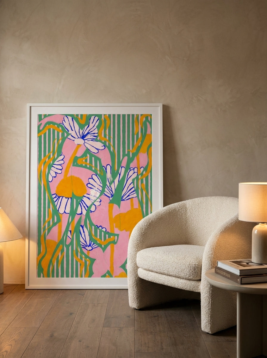 Modern wall art print leaning against the wall in a luxe living room