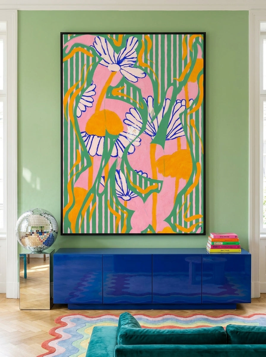 Oversized statement modern wall art print styled on the wall in a colourful eclectic living room