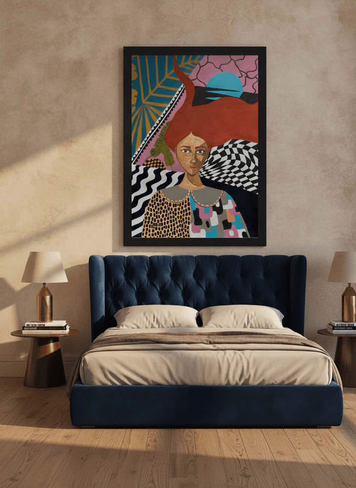 Oversized statement modern wall art print styled on the wall in a luxe bedroom
