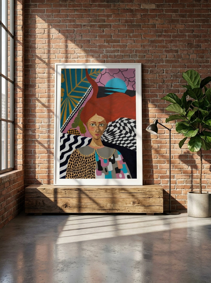 Modern wall art print standing on a bench in an industrial loft living room