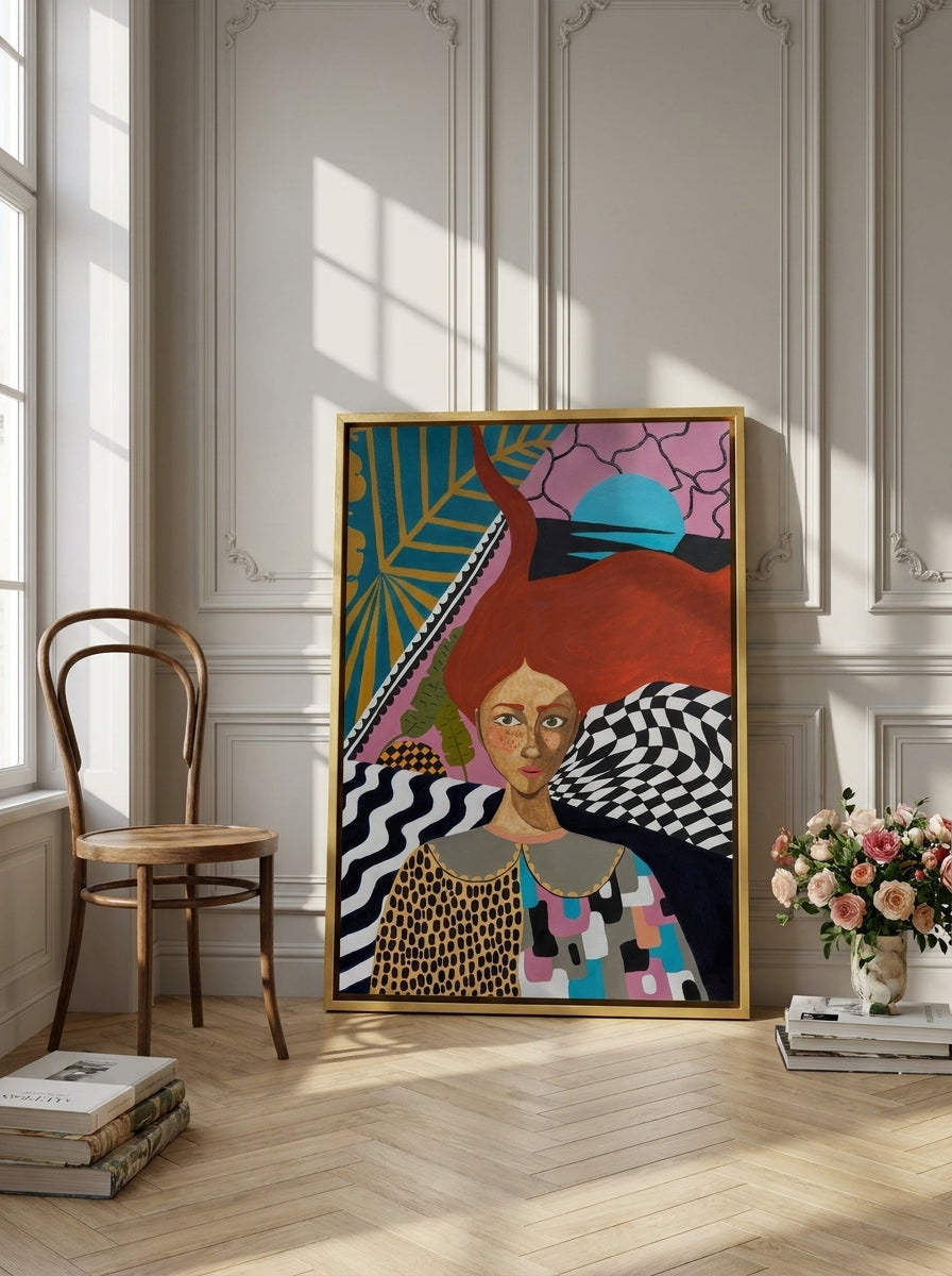 Canvas wall art with a gold leaf surround leaning against the wall in a Parisian living room