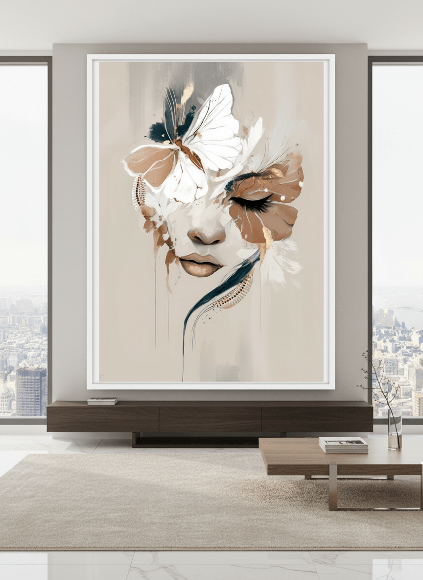 Monumental artwork centred on a feature wall in a luxe interior