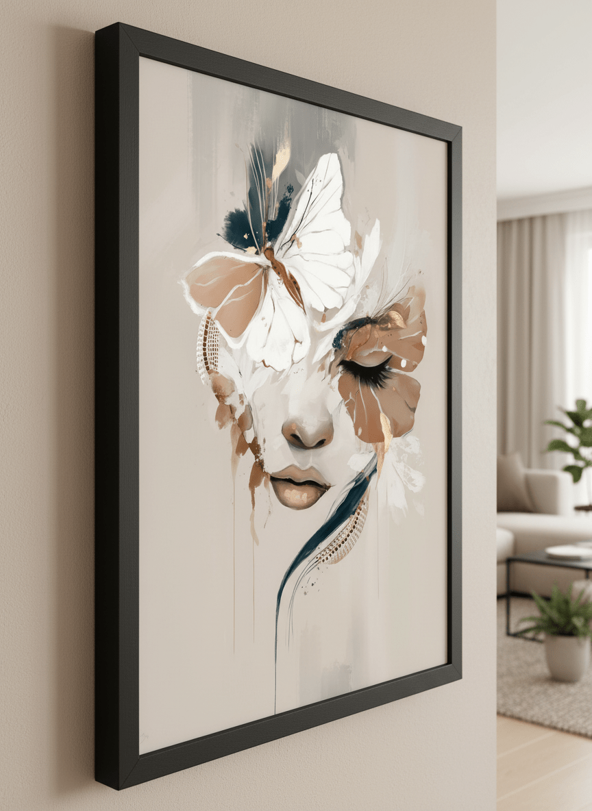 Modern wall art styled above a sofa in a neutral living room