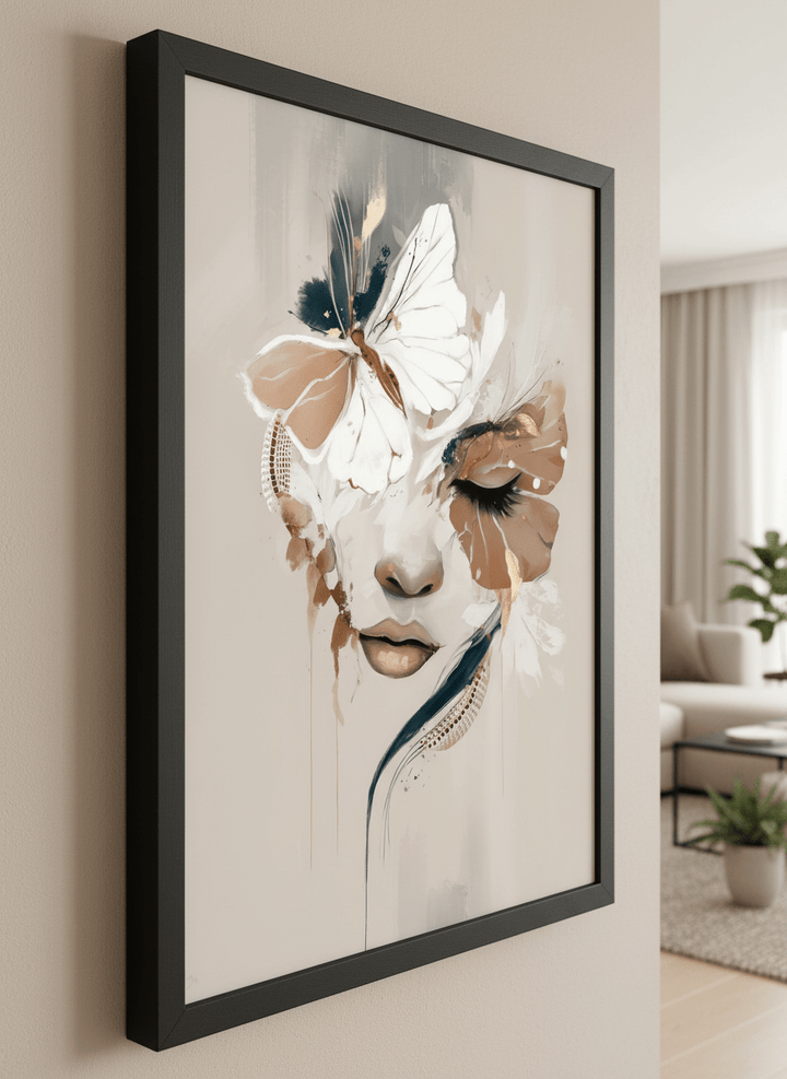 Modern wall art styled above a sofa in a neutral living room