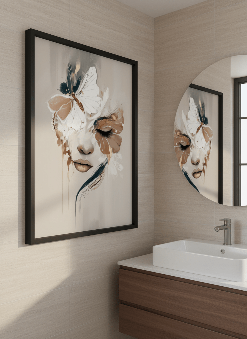 Modern print displayed in a clean minimalist bathroom setting