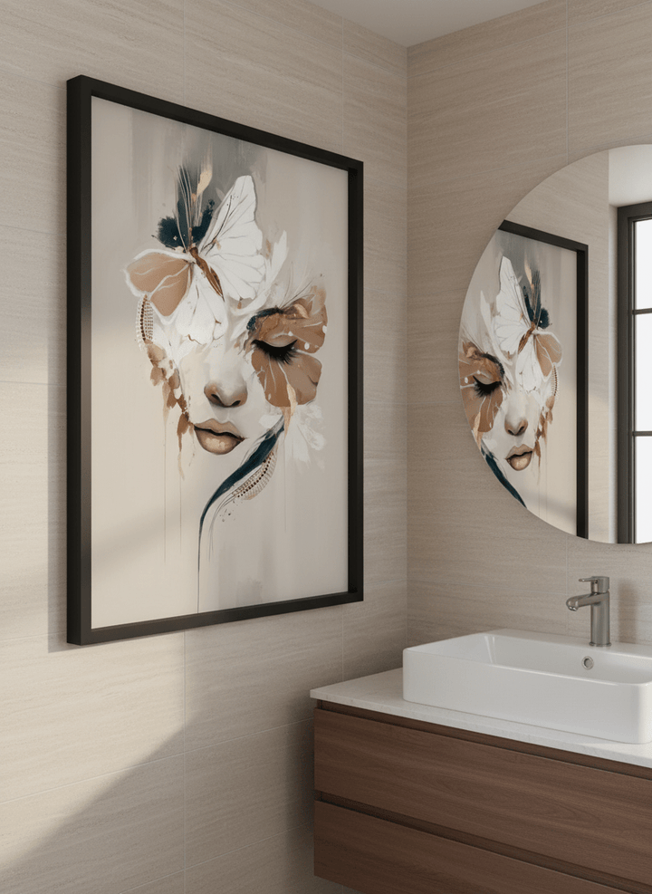 Modern print displayed in a clean minimalist bathroom setting