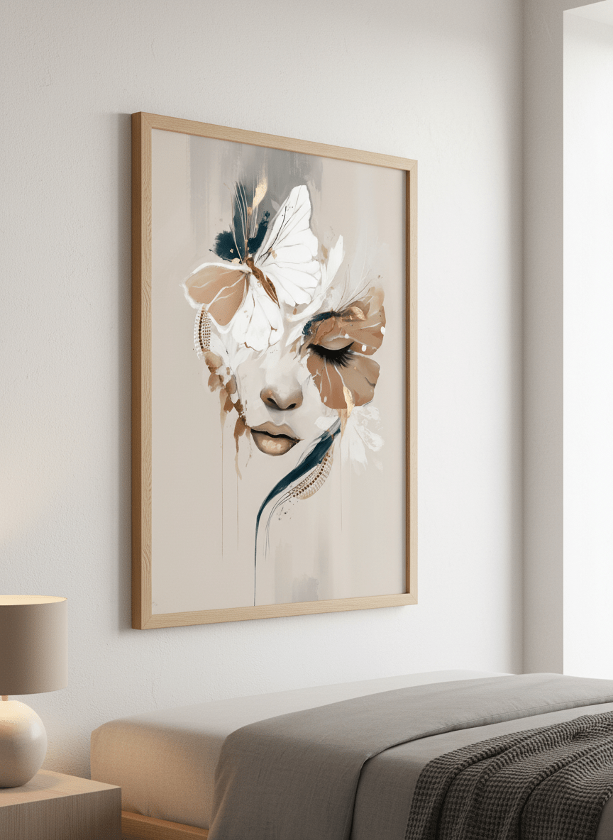 Minimalist artwork displayed in a calm, light-filled bedroom interior