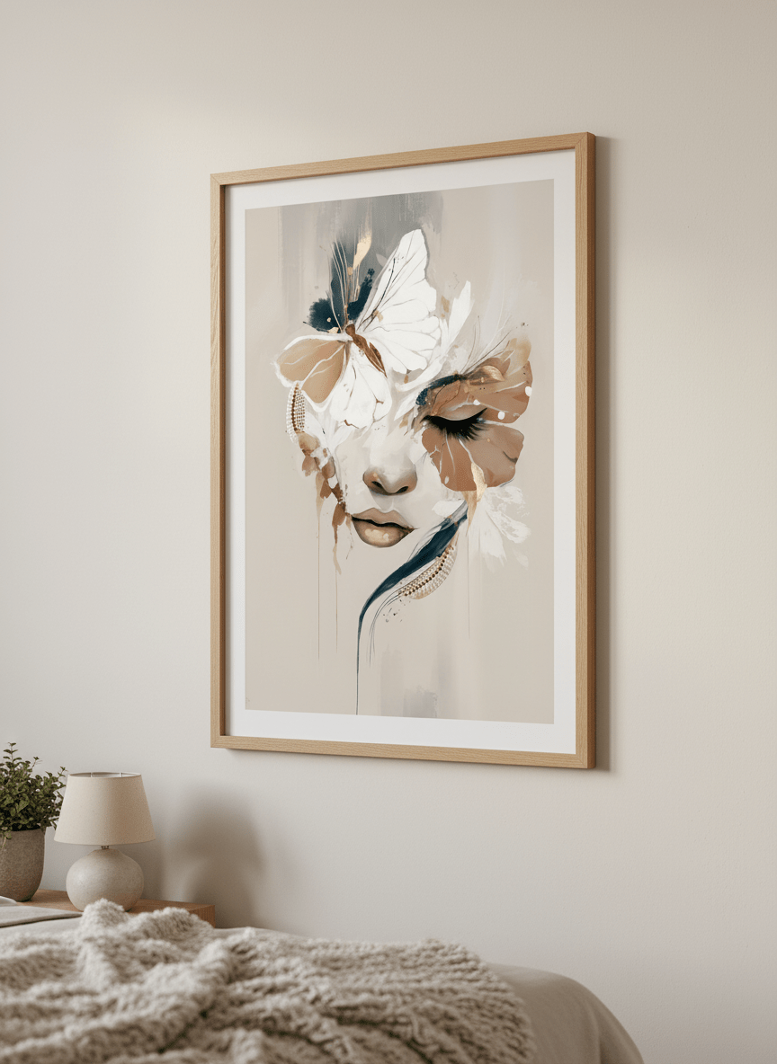 Minimalist artwork displayed in a calm, light-filled bedroom interior