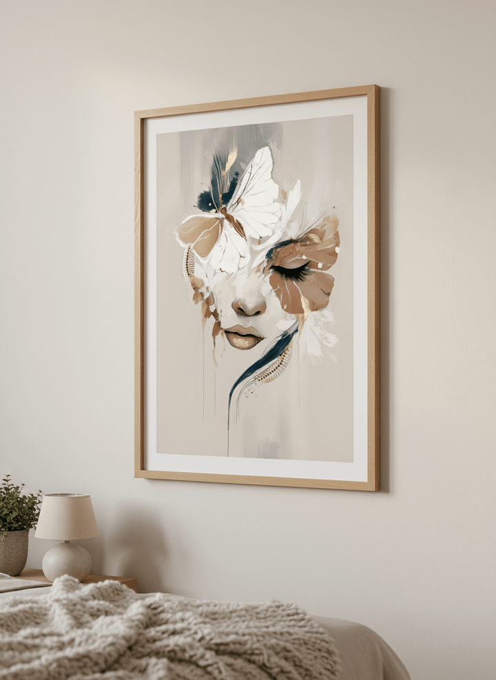 Minimalist artwork displayed in a calm, light-filled bedroom interior