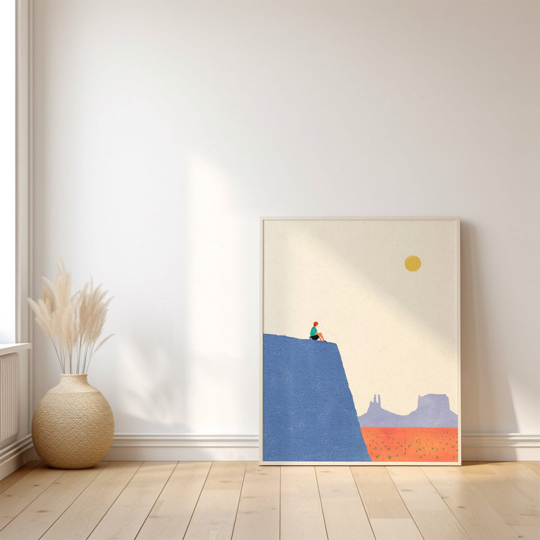 Artwork of a person on a cliff with a minimalistic interior setting.