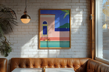 Leather booth in a restaurant with a colorful painting on the wall