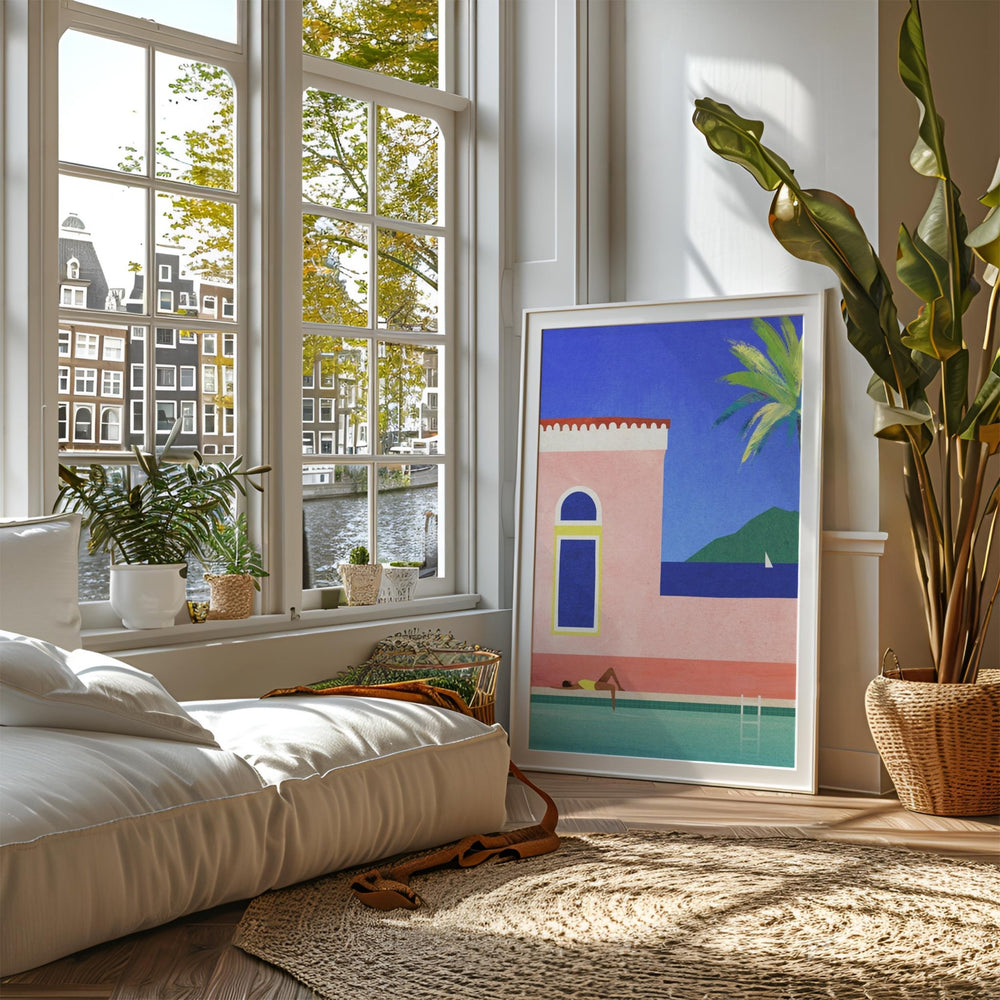 Living room with a large window, plants, and a colorful picture on the wall.
