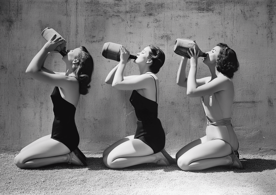 Vino Jug Drinking Girls Vintage Wall Art Print