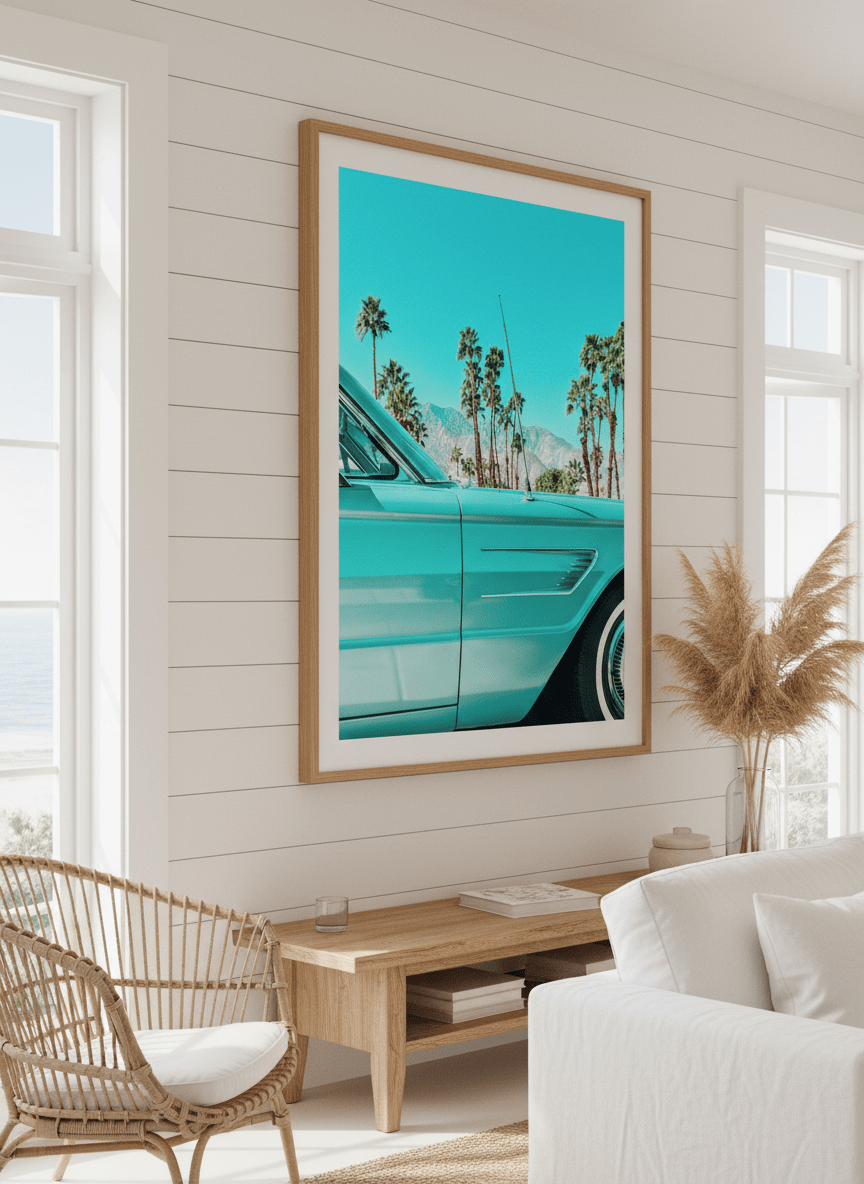 Neutral wall art displayed in a sunny coastal beach house