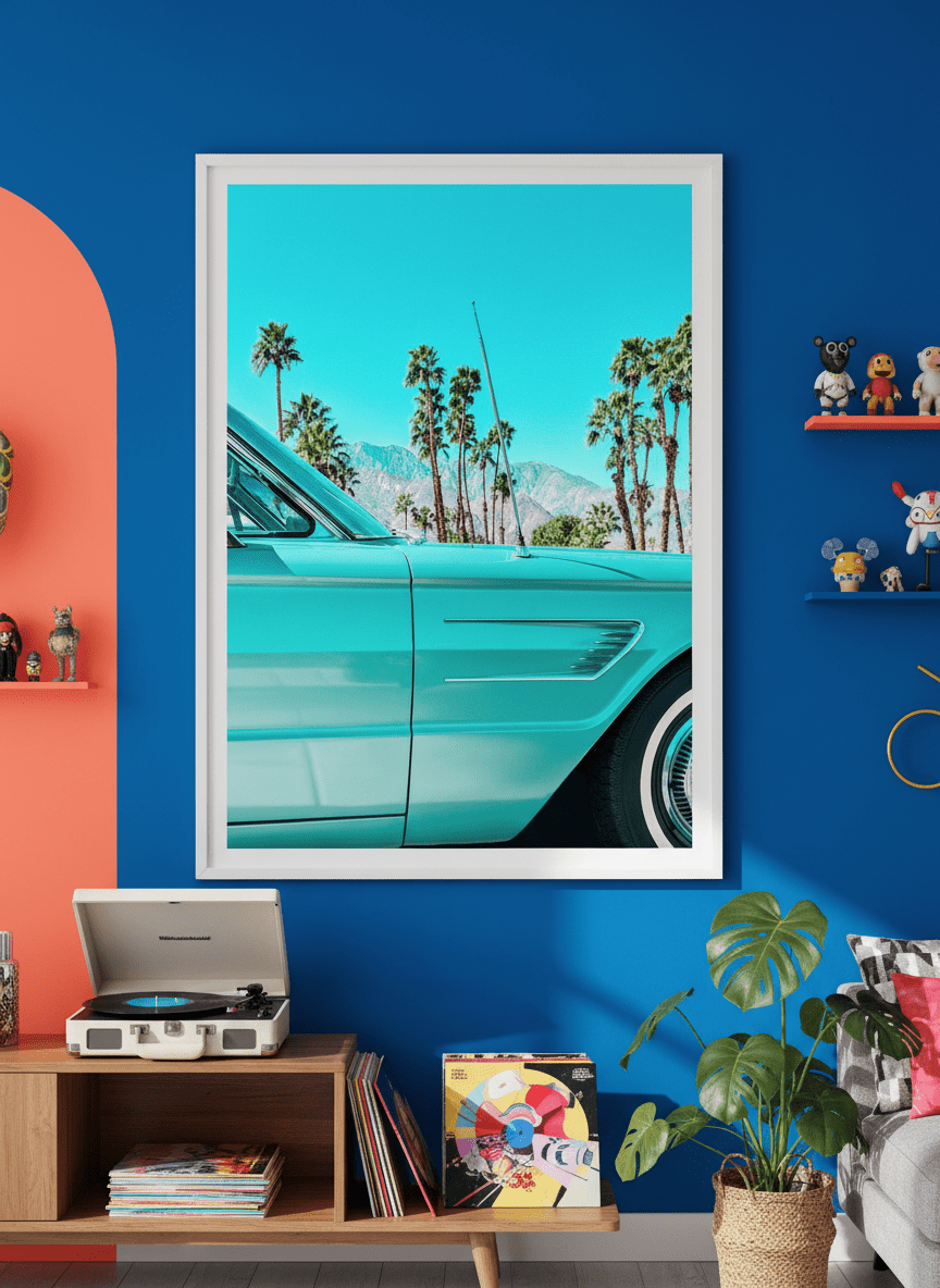 Bold wall art styled in a colourful, eclectic modern home