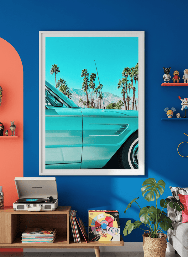 Vintage 60s Teal Car And Palm Trees In Palm Springs By Tom Windeknecht