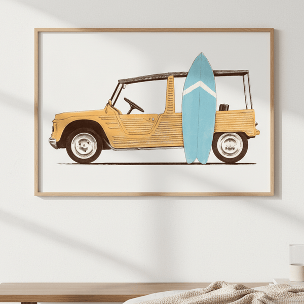 Vintage Car with Surfboard by Florent Bodart | Art & Canvas Print