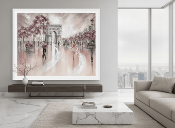 Monumental artwork centred on a feature wall in a luxe interior