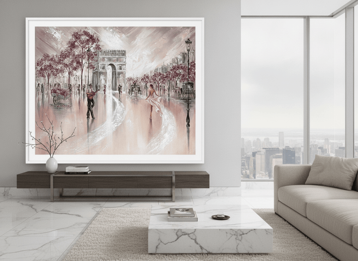 Monumental artwork centred on a feature wall in a luxe interior