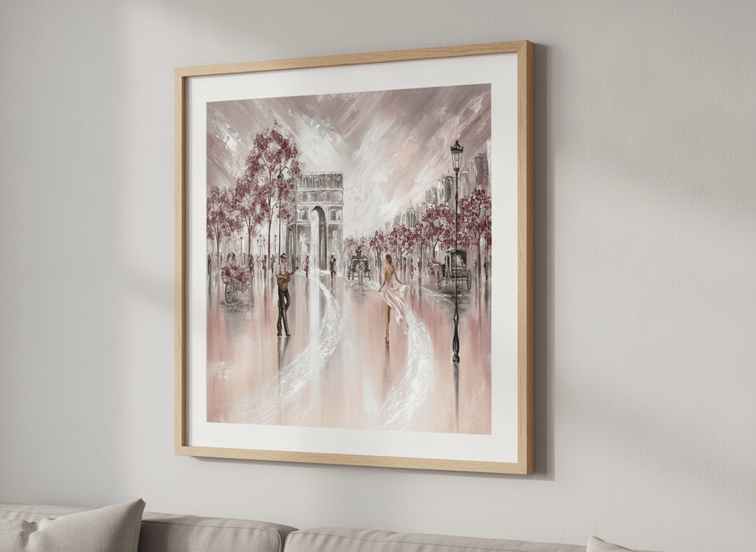 Modern wall art styled above a sofa in a neutral living room