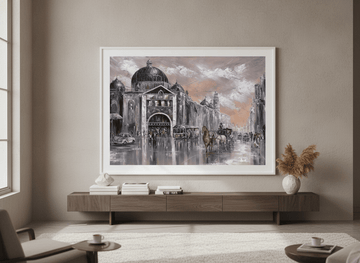Monumental artwork centred on a feature wall in a luxe interior