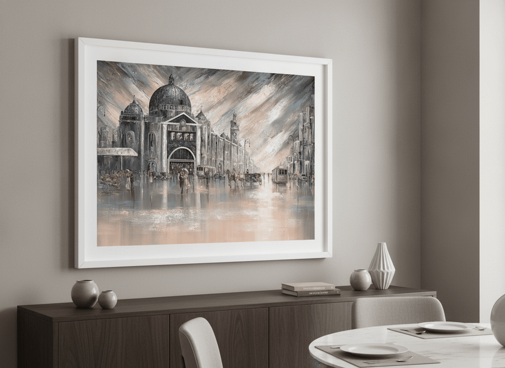 Wall art styled above a dining table in a contemporary home