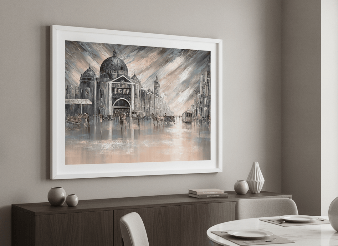 Wall art styled above a dining table in a contemporary home