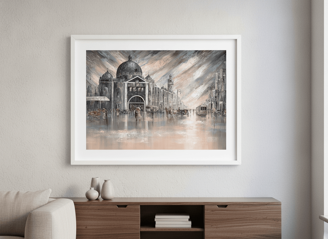 Artwork displayed above a credenza in a real-looking contemporary home