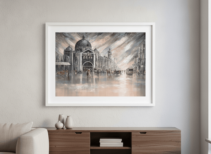 Artwork displayed above a credenza in a real-looking contemporary home
