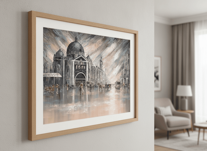 Modern wall art styled above a sofa in a neutral living room