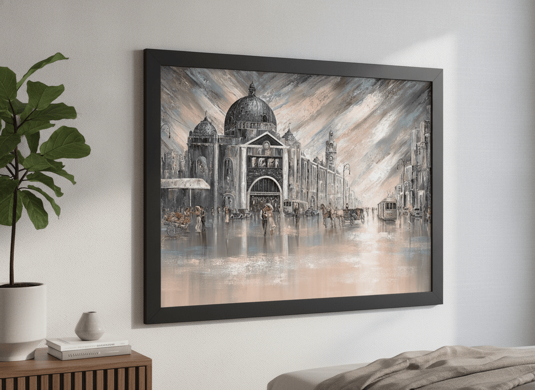 Minimalist artwork displayed in a calm, light-filled bedroom interior