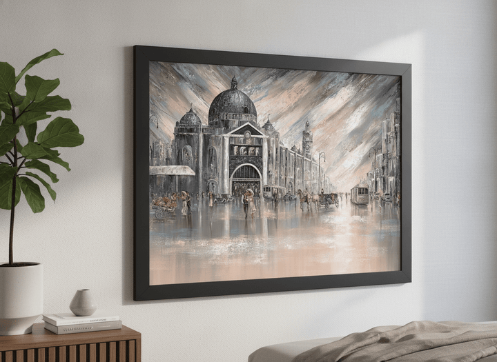 Minimalist artwork displayed in a calm, light-filled bedroom interior