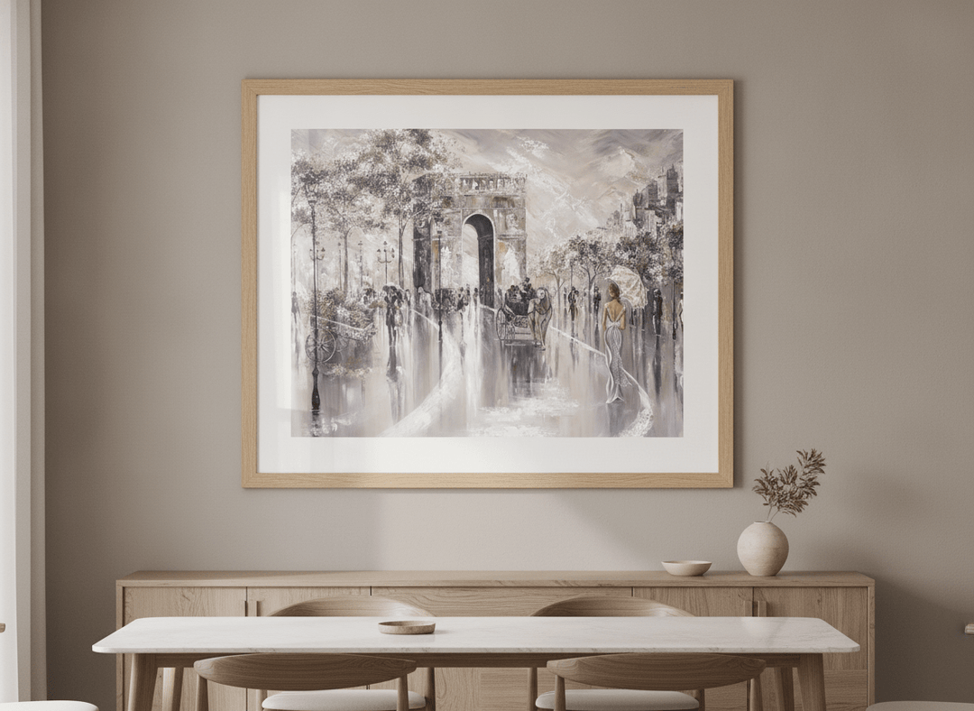 Wall art styled above a dining table in a contemporary home