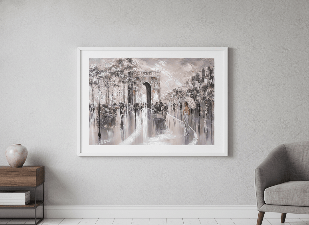 Modern wall art styled above a sofa in a neutral living room