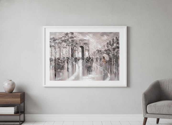 Modern wall art styled above a sofa in a neutral living room