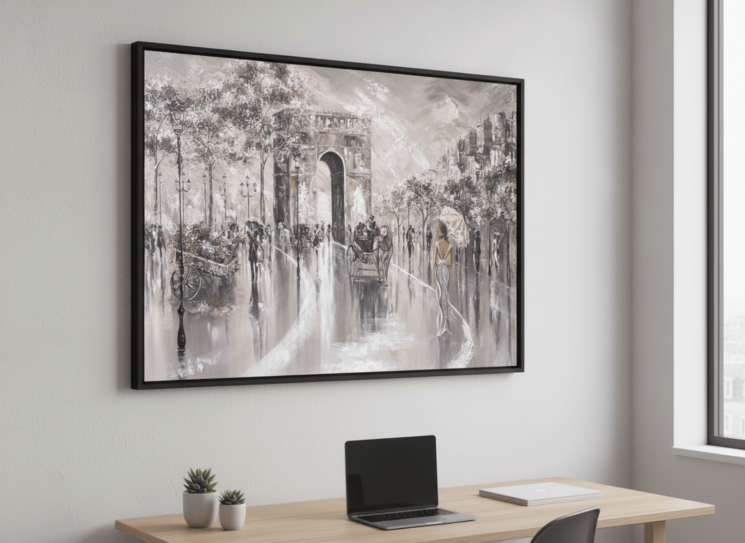Contemporary wall art featured in a bright modern office workspace