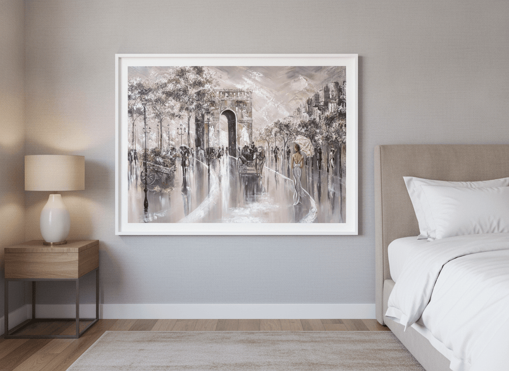 Minimalist artwork displayed in a calm, light-filled bedroom interior