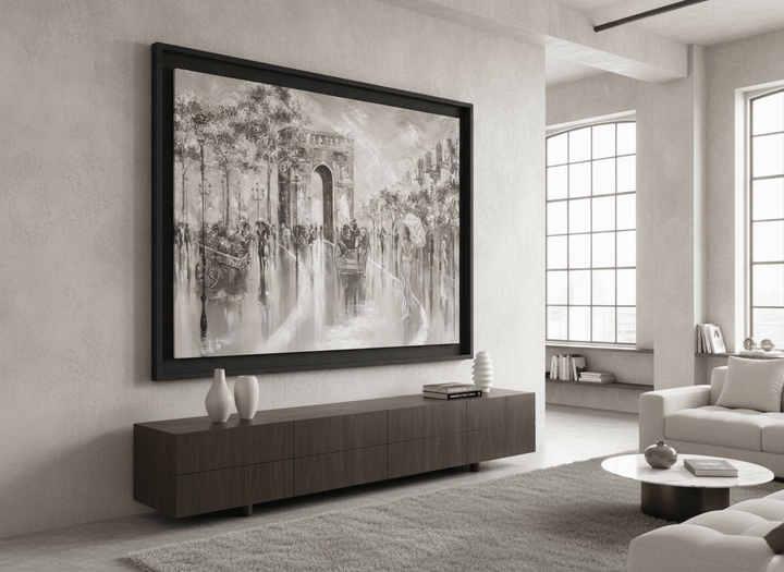 Monumental artwork centred on a feature wall in a luxe interior